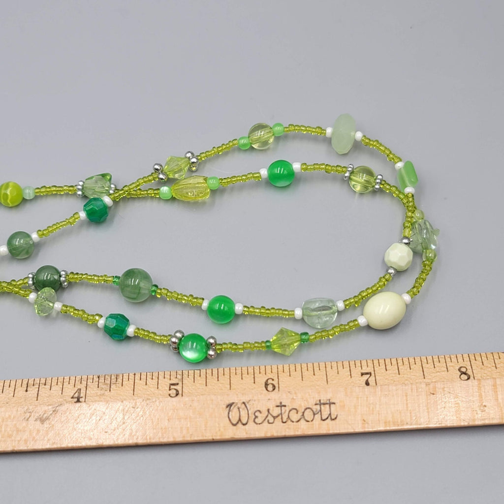 Green Bead Lanyard Necklace Silver tone Keychain Necklace 32" Magnet Closure