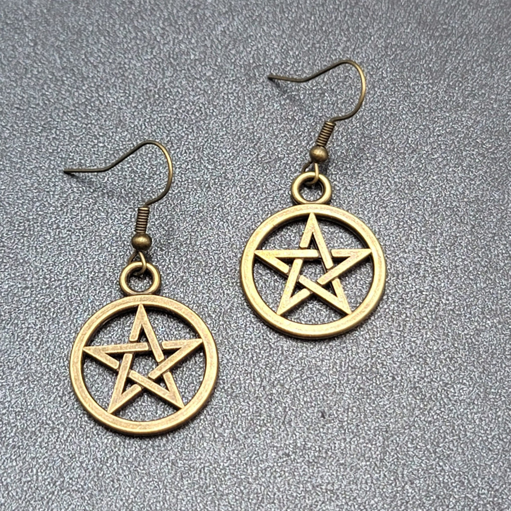 New Pentagram Pierced Earrings Pentacle Star Bronze tone Dangle 1"