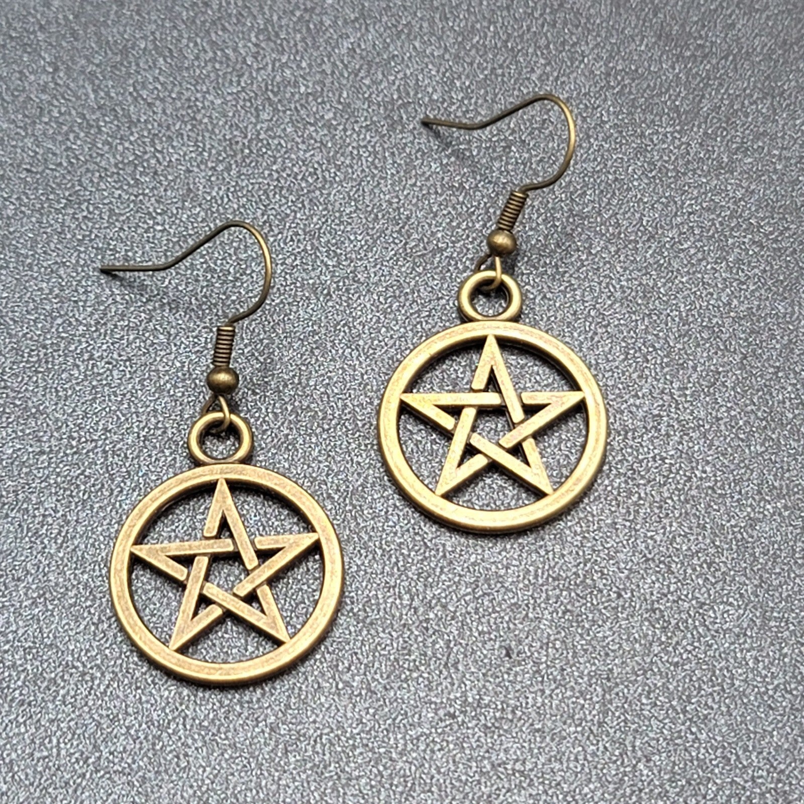 New Pentagram Pierced Earrings Pentacle Star Bronze tone Dangle 1"