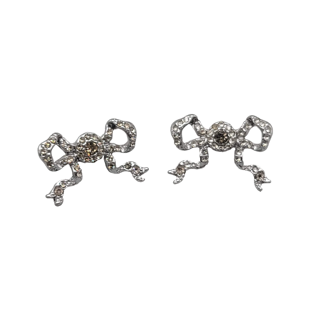 Rhinestone Bow Pierced Earrings Gunmetal Gray Drop 5/8 in