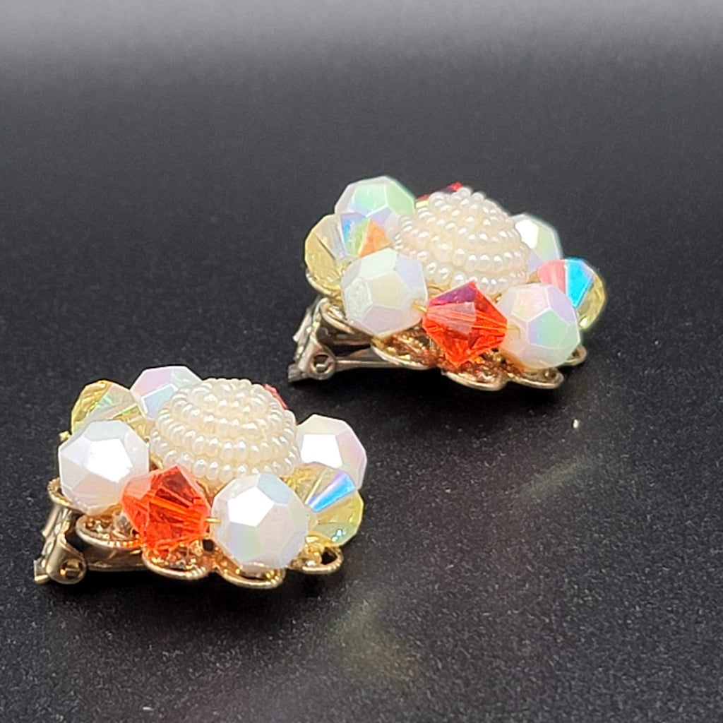 Vintage Clip on Earrings Red White Bead Gold tone 1 1/8"