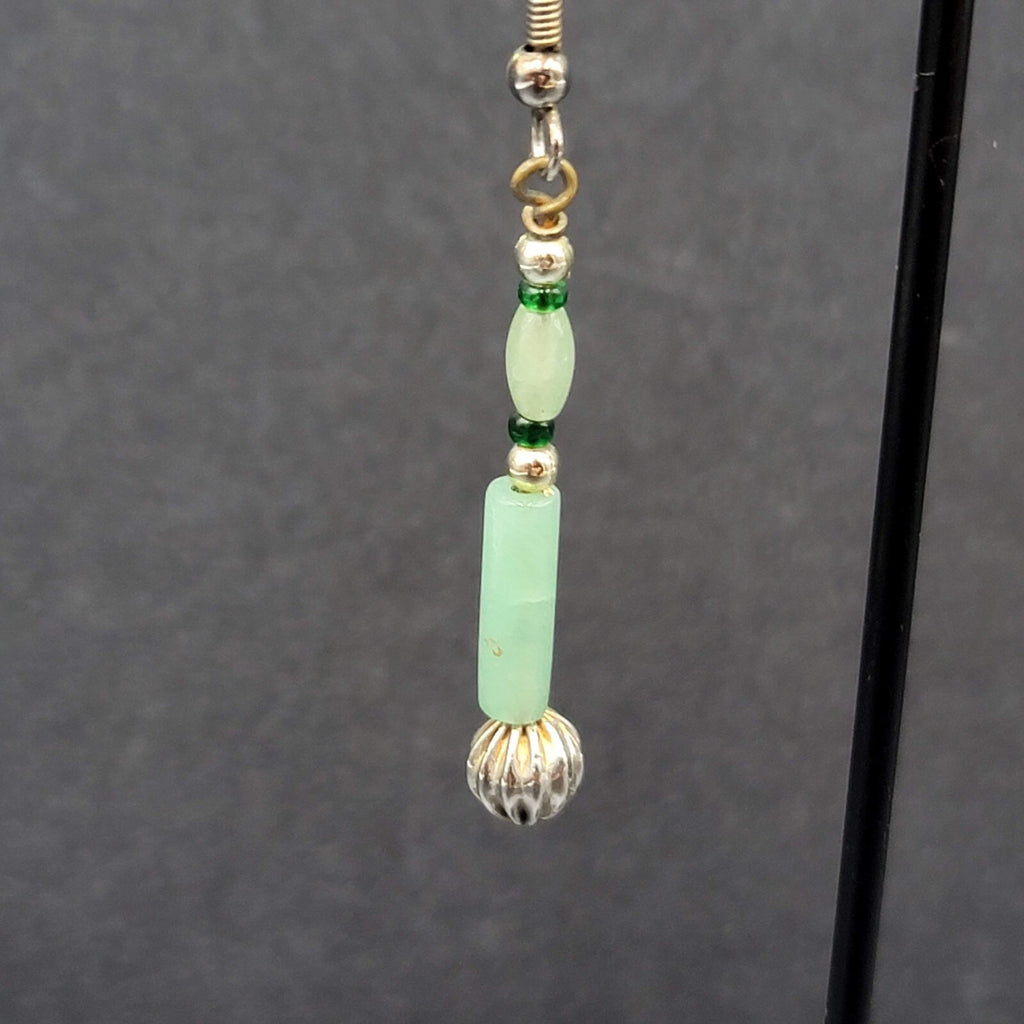 Pierced Earrings Silver tone Jade Beaded Long Thin Dangle  1.5"