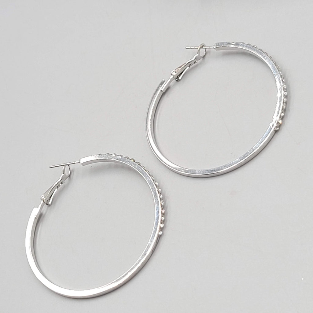 Rhinestone Hoop Pierced Earrings Silver toen Large 1 7/8"