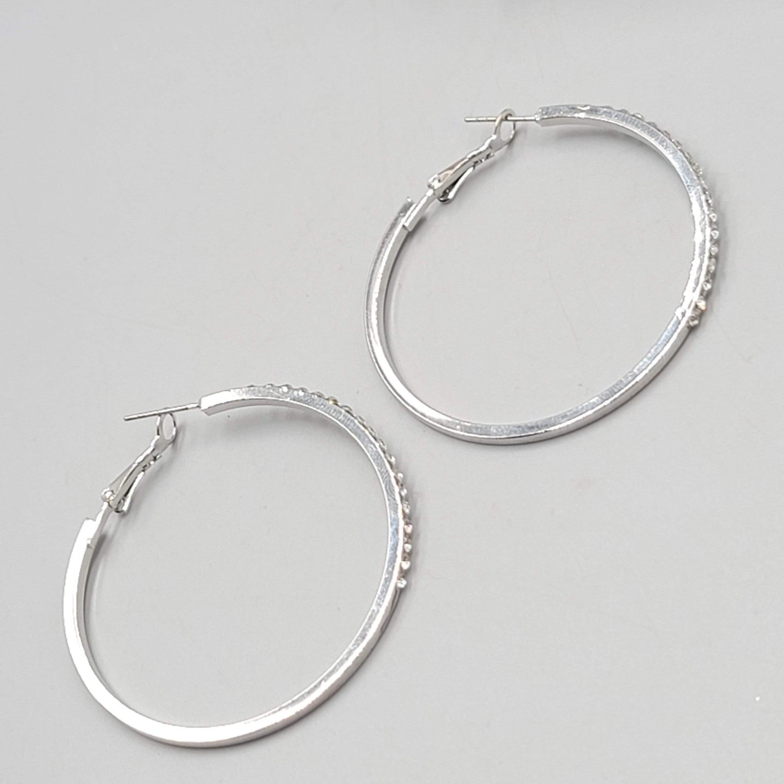 Rhinestone Hoop Pierced Earrings Silver toen Large 1 7/8"
