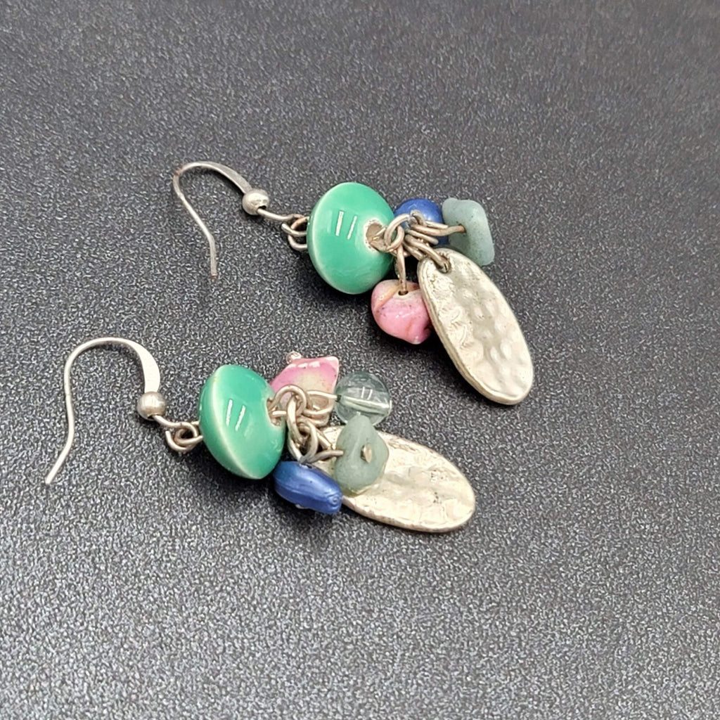 Pierced Earrings Silver tone Dangle Mixed Multicolor Cluster Beads 1.5"