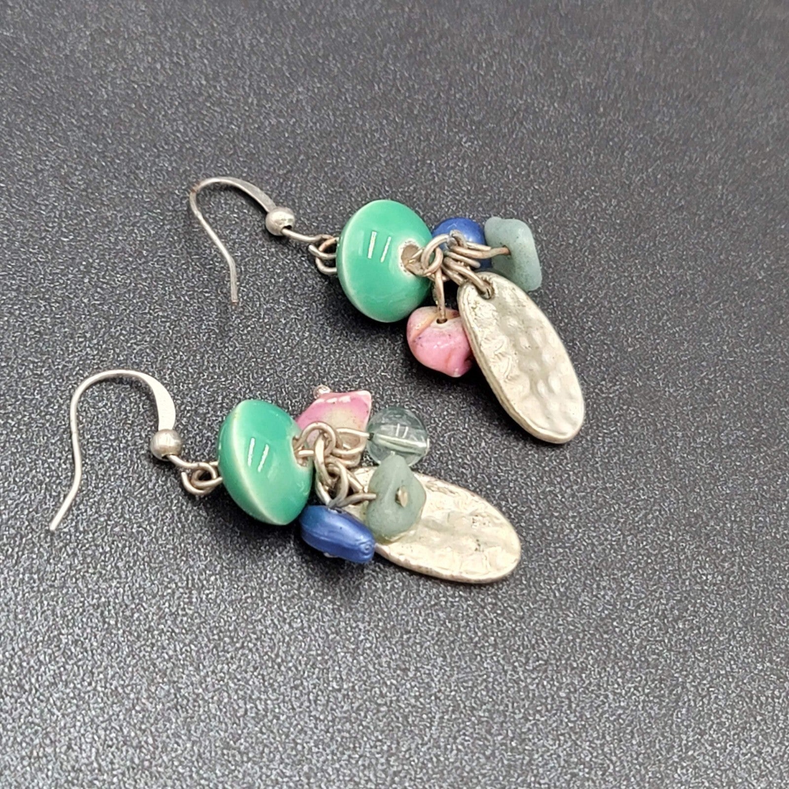 Pierced Earrings Silver tone Dangle Mixed Multicolor Cluster Beads 1.5"