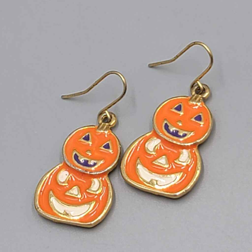 Double Pumpkin Jack o lantern Pierced Earrings Gold tone Enamel Dangle 1"