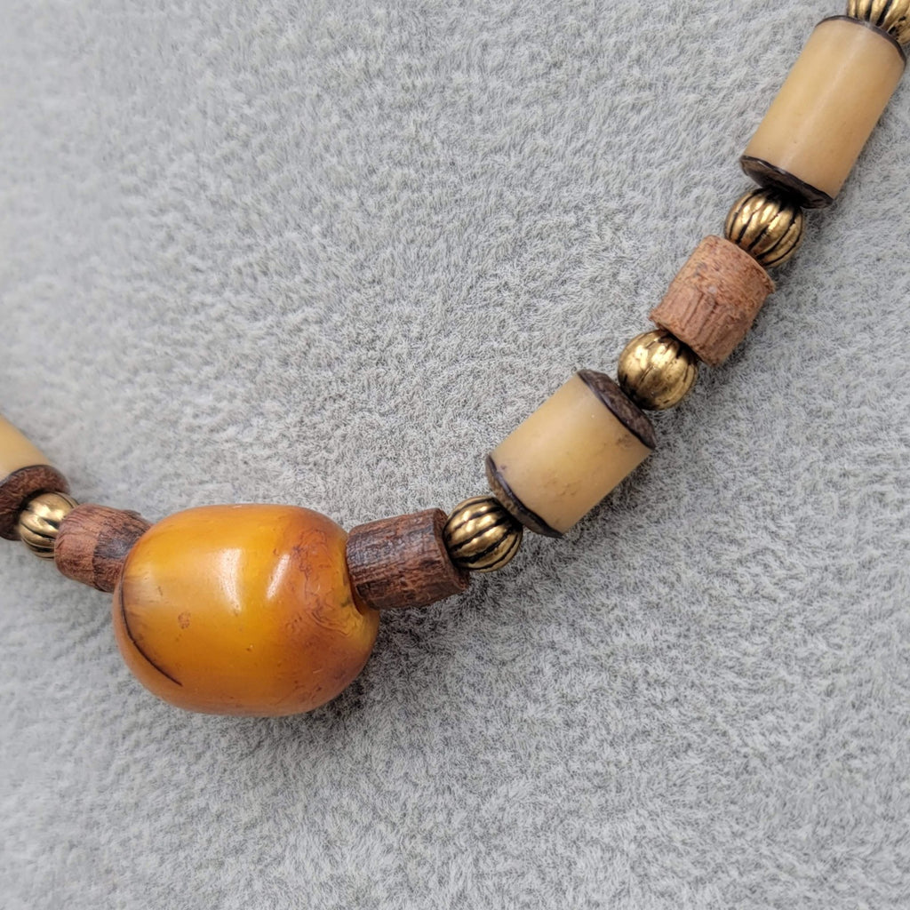 Vintage Wood Nut Brass Bead Necklace Unisex Ethnic 16 in