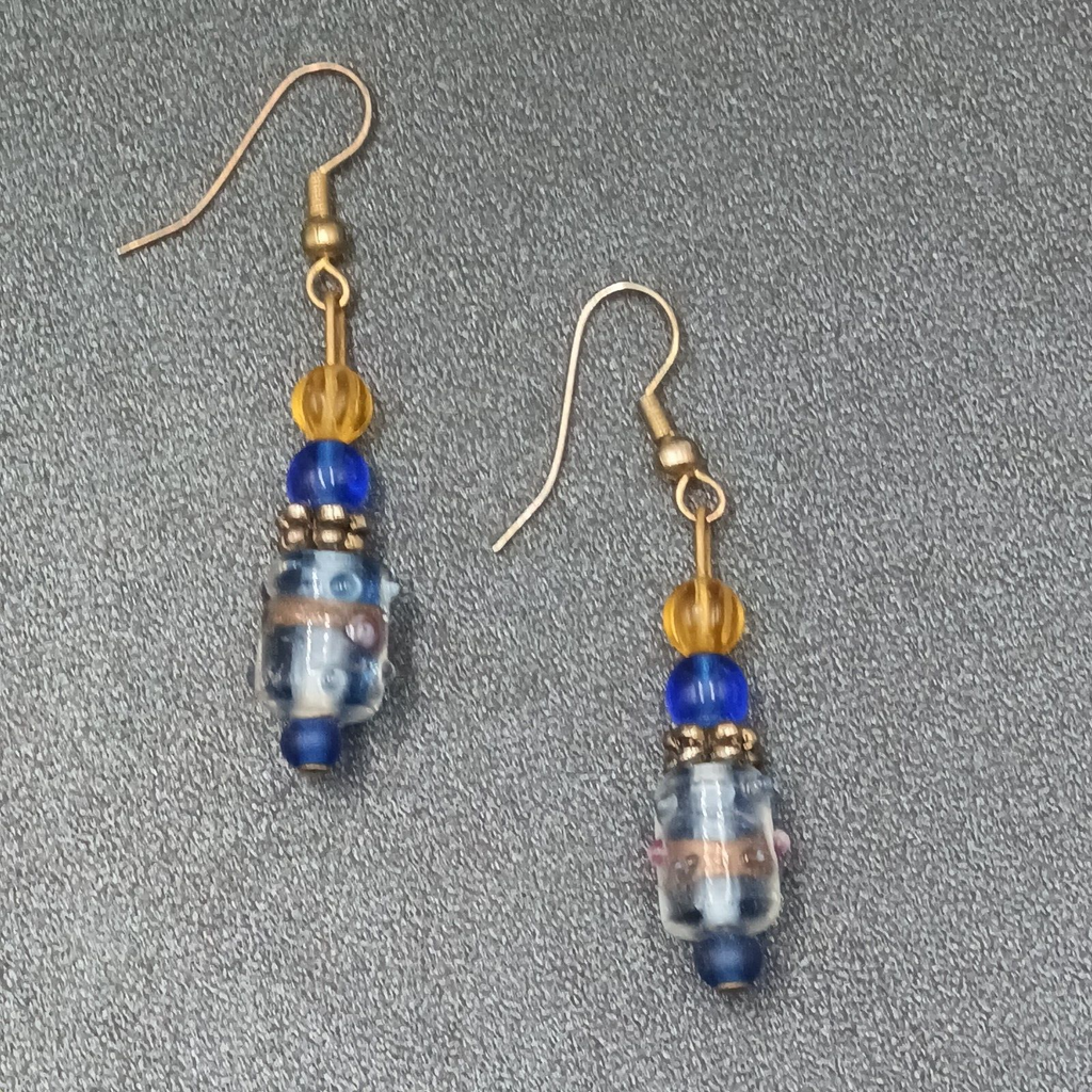 Pierced Earrings Wedding Cake Art Glass Blue Beaded Gold tone Hook Dangle 1 1/8'