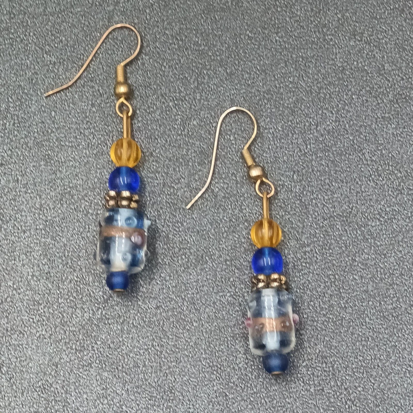 Pierced Earrings Wedding Cake Art Glass Blue Beaded Gold tone Hook Dangle 1 1/8'