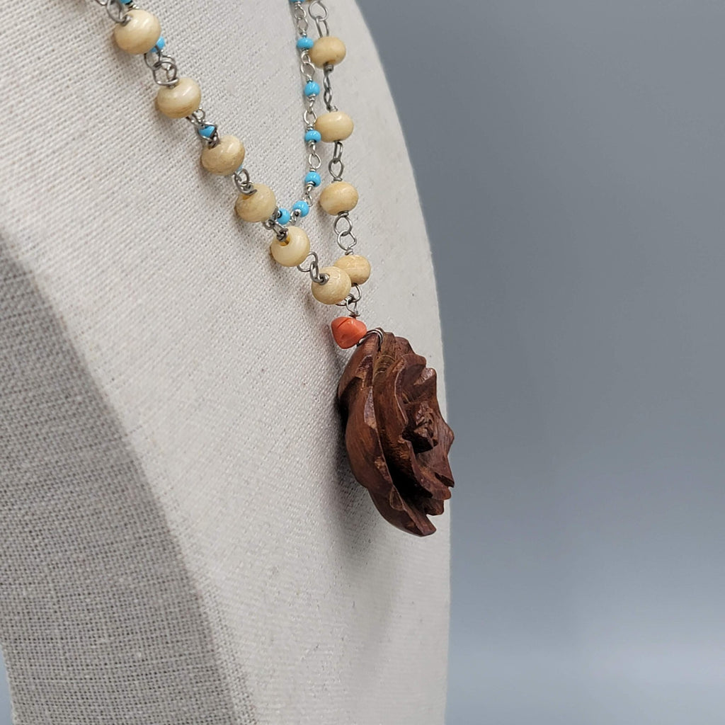 Boho Wood Rose Pendant Necklace Silver tone Double Glass Bead Chains 14"-17"