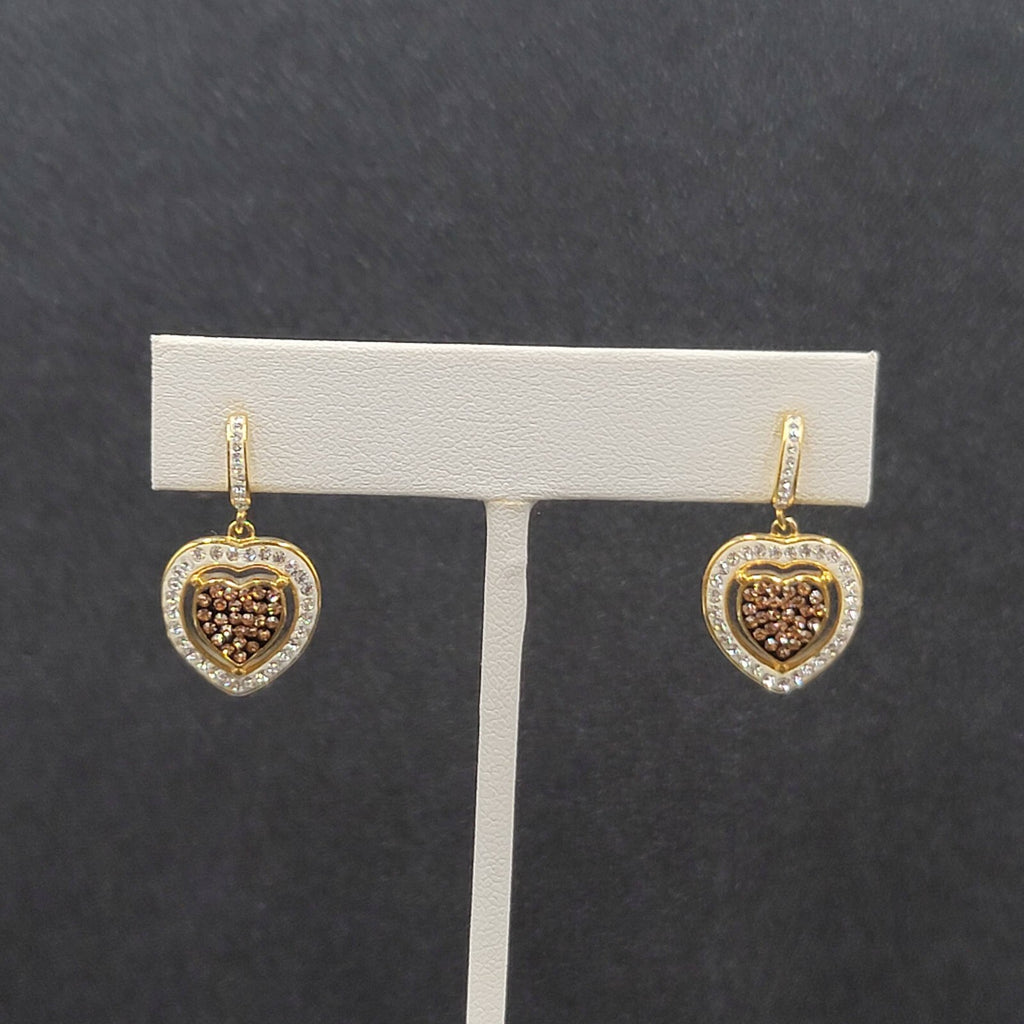 Sterling Silver Pierced Earrings Gold Plated Crystal Heart Dangle 1" 925