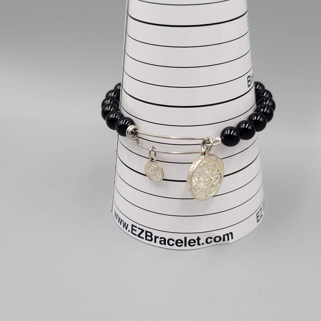 Black Glass Bead Bracelet Silver Tone You Are Strong Charm 7.5 in