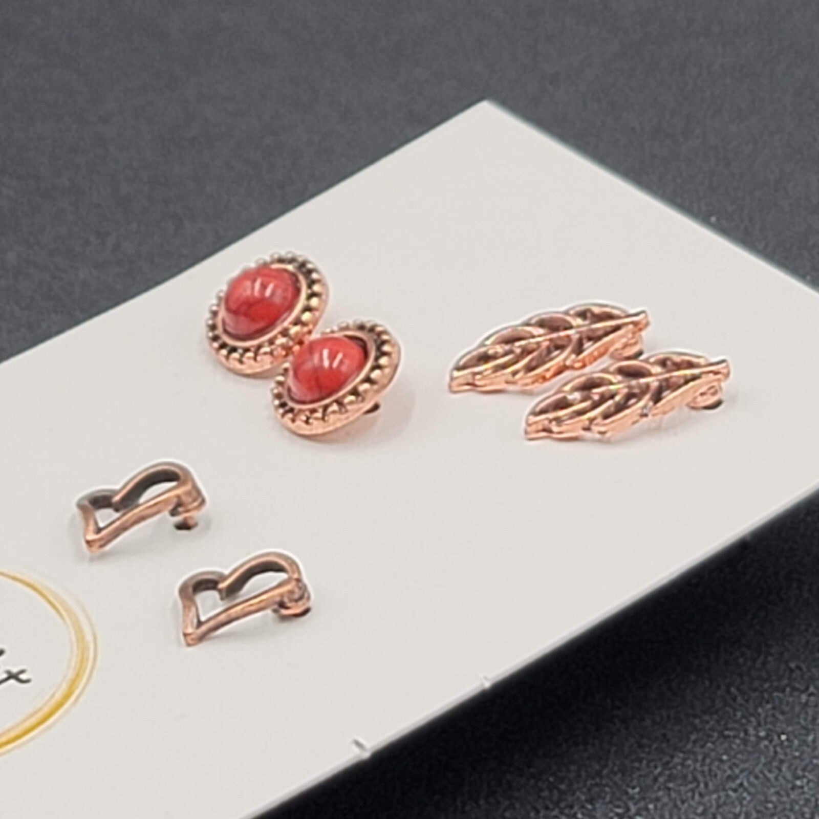 Pierced Earrings Copper tone Studs Open Heart Leaf Red Accent