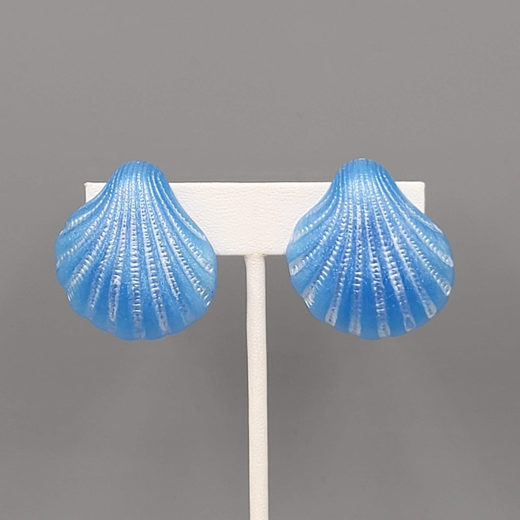 Vintage Blue Shell Clip on Earrings Acrylic Drop Statement Nautical 1 3/8"