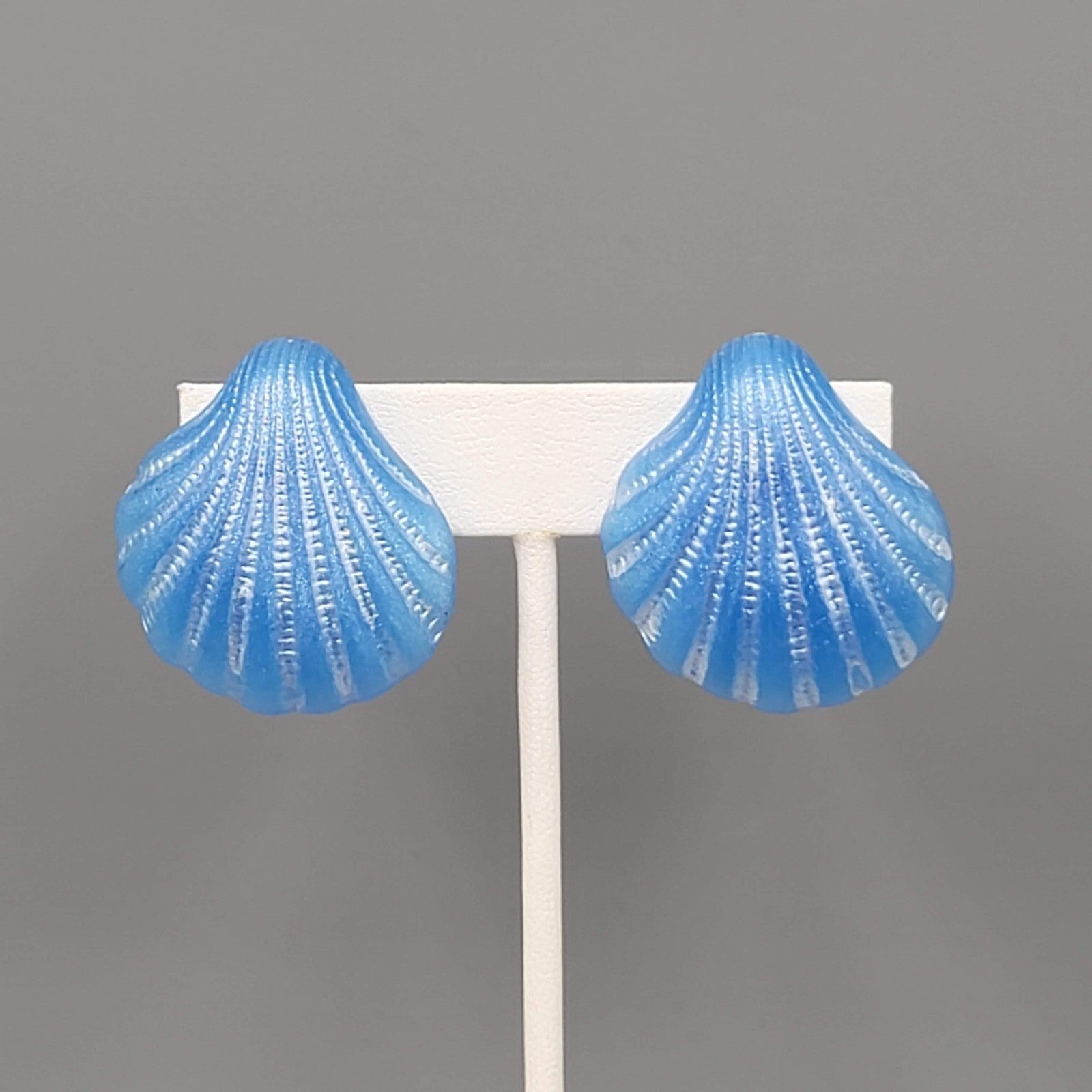 Vintage Blue Shell Clip on Earrings Acrylic Drop Statement Nautical 1 3/8"