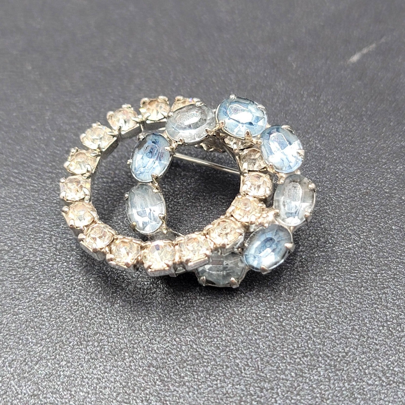 Vintage Brooch Blue Rhinestone Intertwined Circles 1 3/8" Estate Jewelry