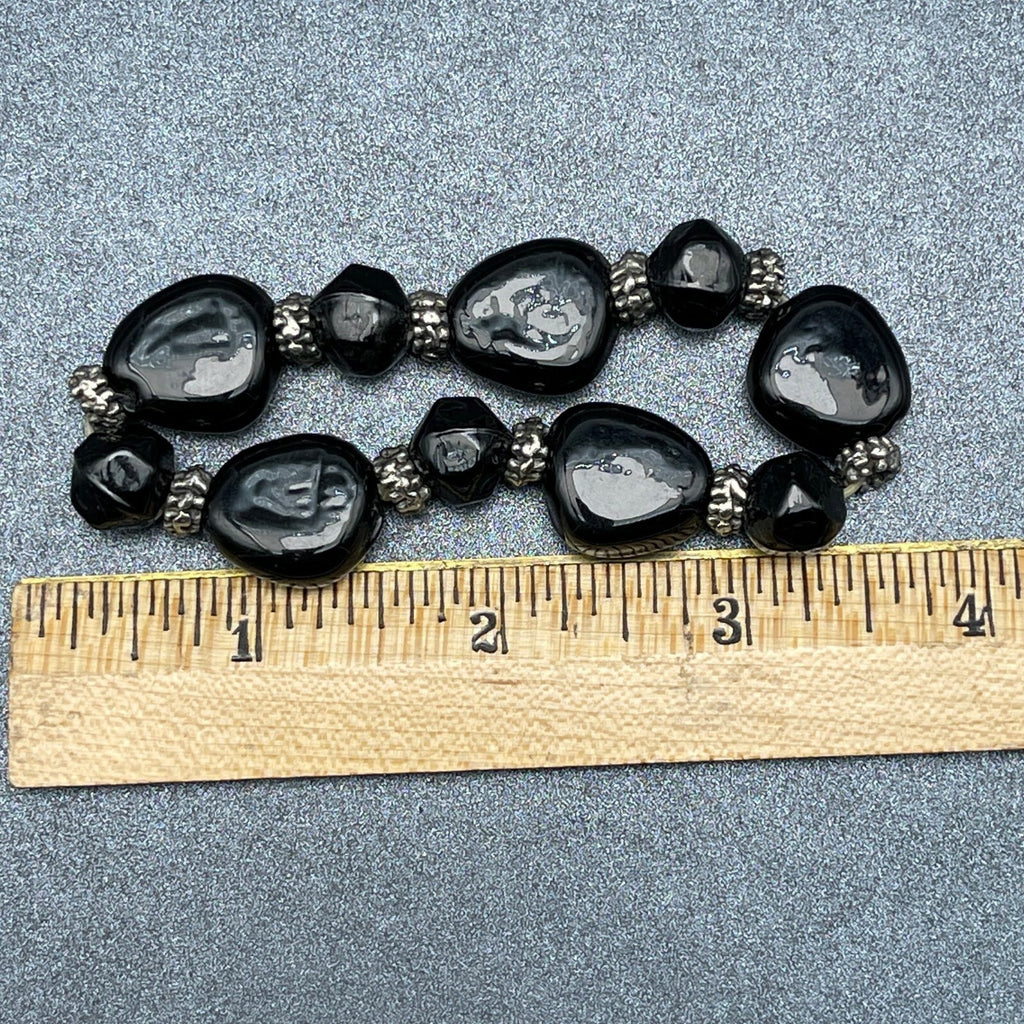 Black Glass and Silver tone Bead Beaded Stretch Elastic Bracelet
