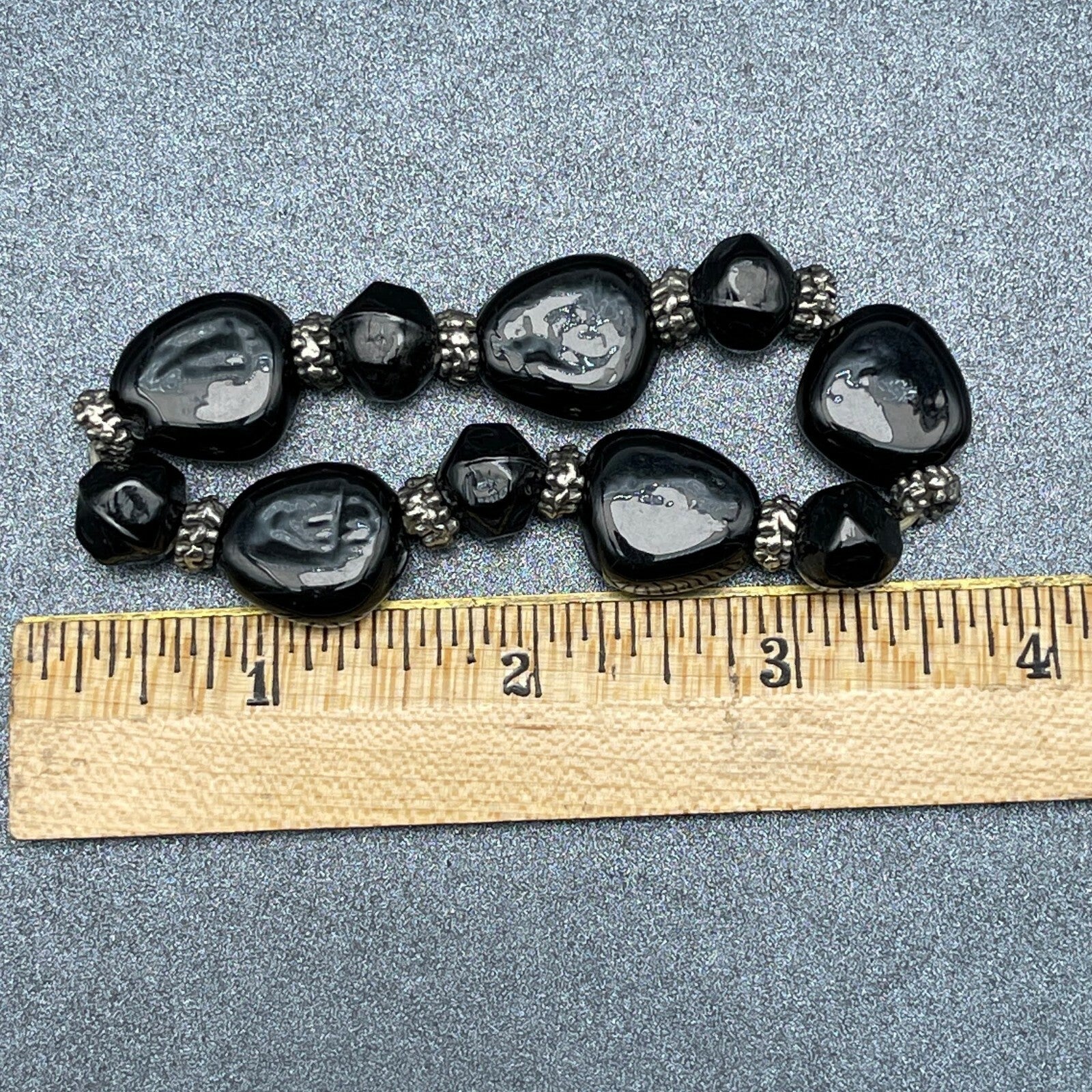 Black Glass and Silver tone Bead Beaded Stretch Elastic Bracelet