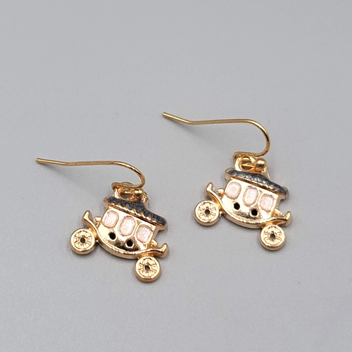 Carriage Enamel Pierced Earrings Gold tone Dangle 5/8"