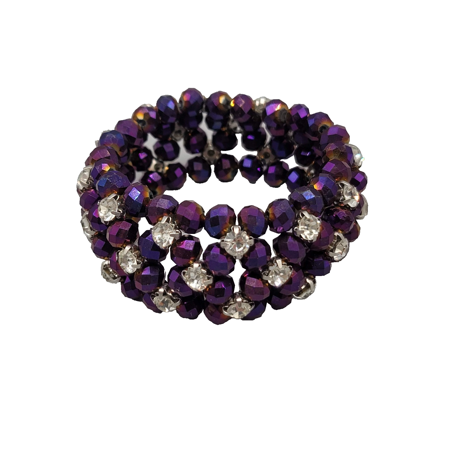 Purple AB Bead Rhinestone Bracelet Elastic Wide 7 in