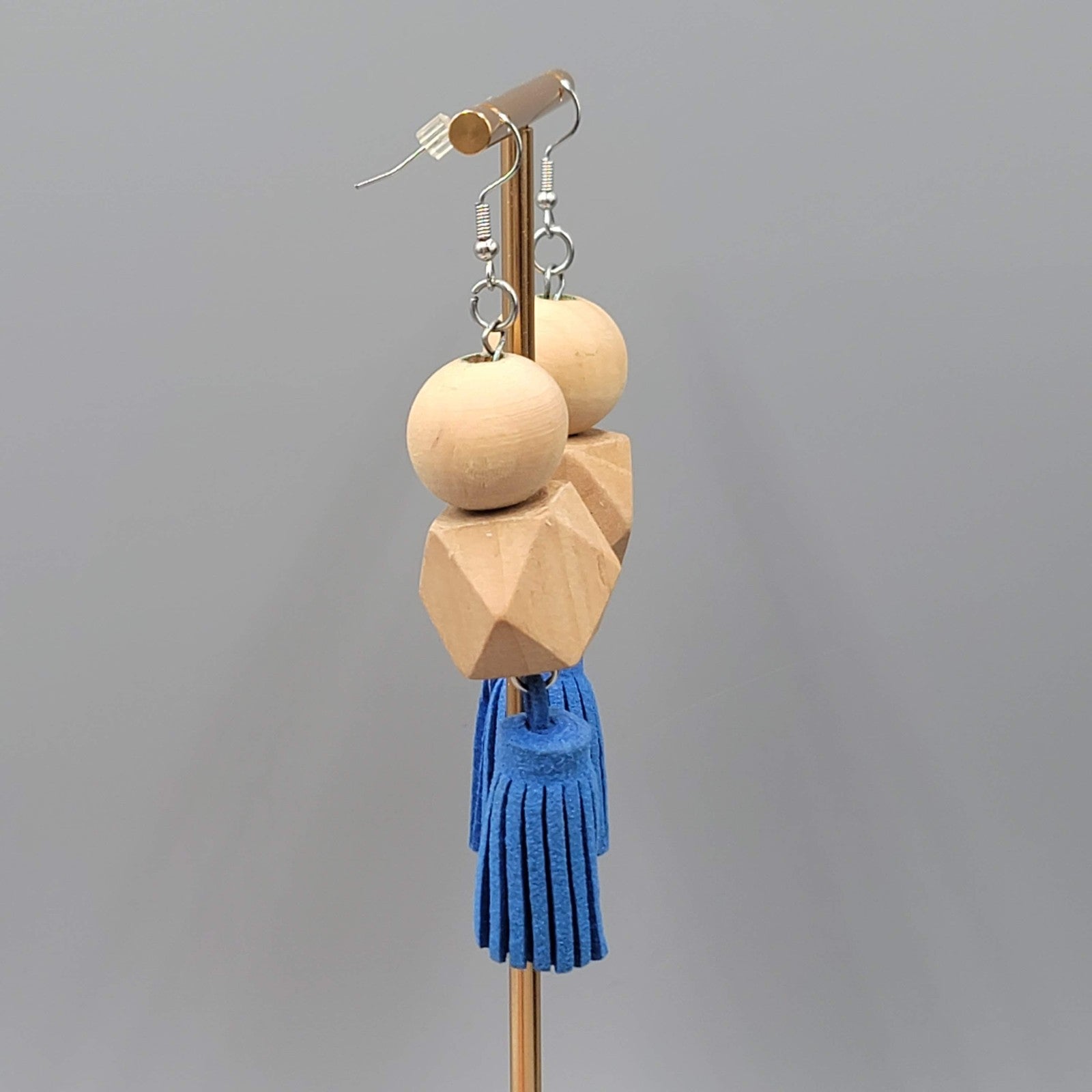 Statement Wood Bead Pierced Earrings Blue Tassel Boho Dangle Long Large 3.25"