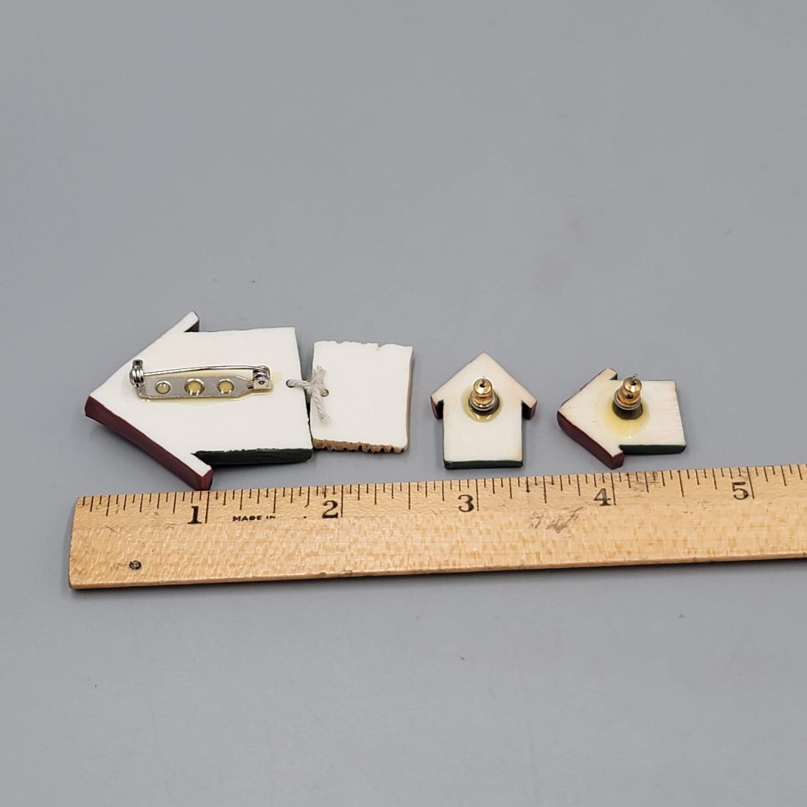 Vintage Birdhouse Pierced Earrings Brooch Set  Home Tweet Home 2.5" & 7/8"