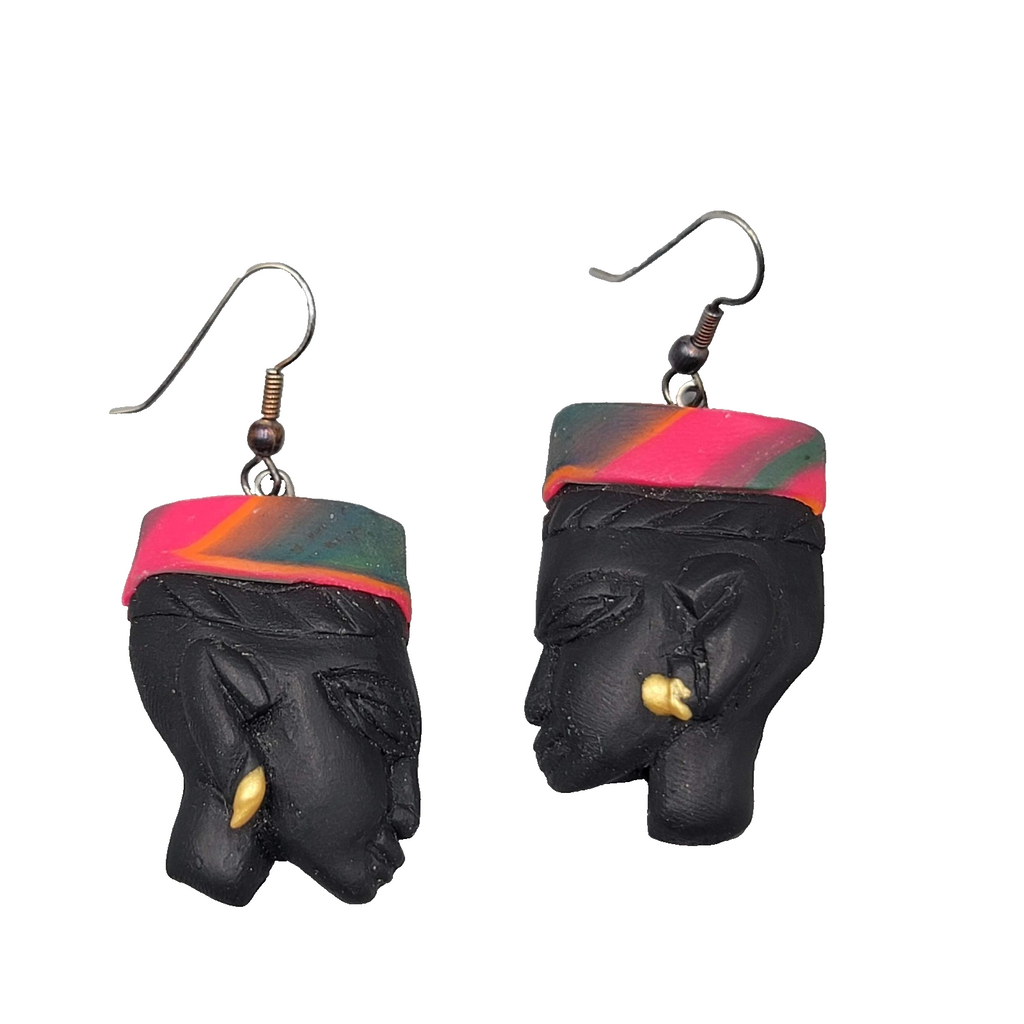 Vintage Handmade African Woman Pierced Earrings Polymer Clay 1.5 in