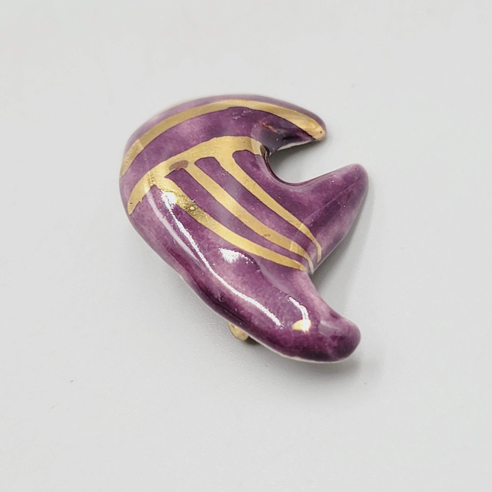 Vintage Ceramic Purple and Gold Bear Brooch Hand Painted 1 3/8"