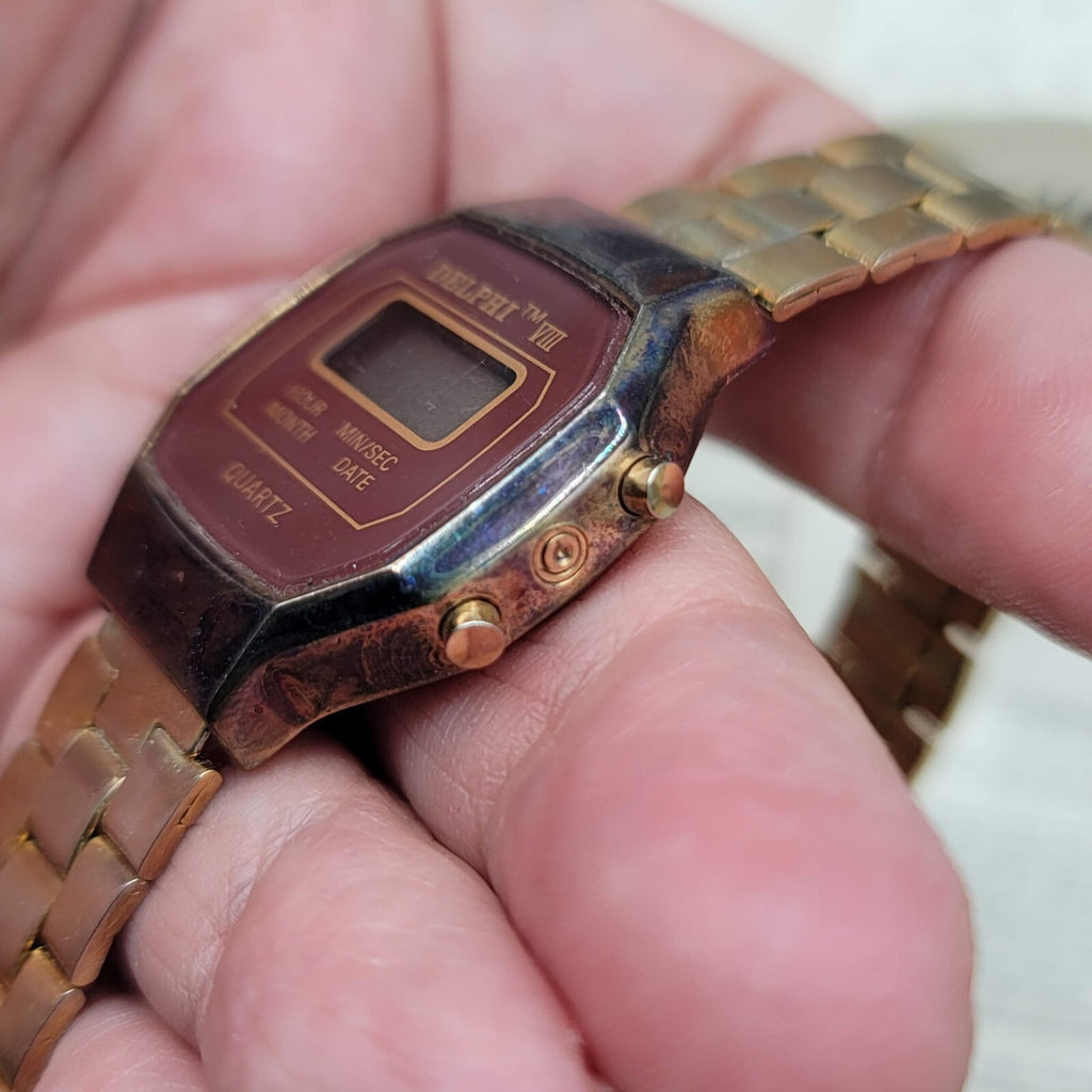 Vintage DELPHI VIII Mens Gold LCD Digital Hong Kong Watch Untested