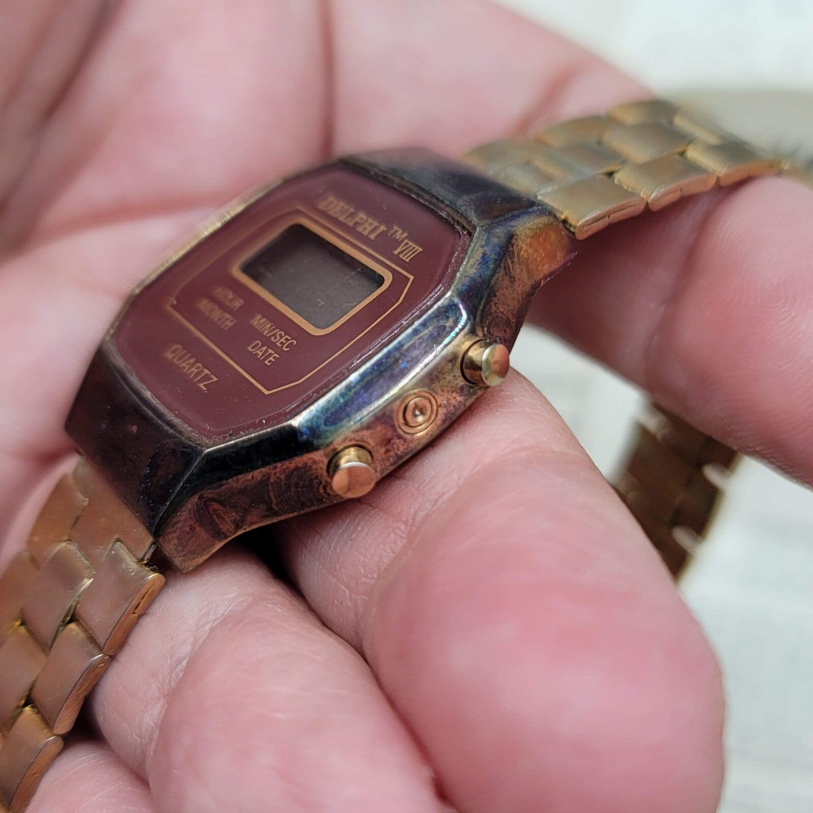 Vintage DELPHI VIII Mens Gold LCD Digital Hong Kong Watch Untested