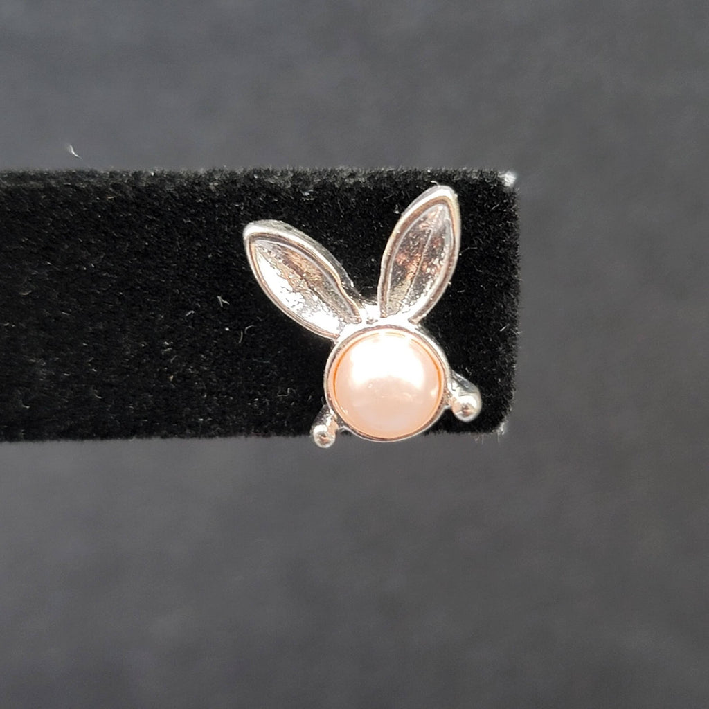 Bunny Rabbit Pierced Earrings Silver tone Faux Pink Pearl Studs 1/2"