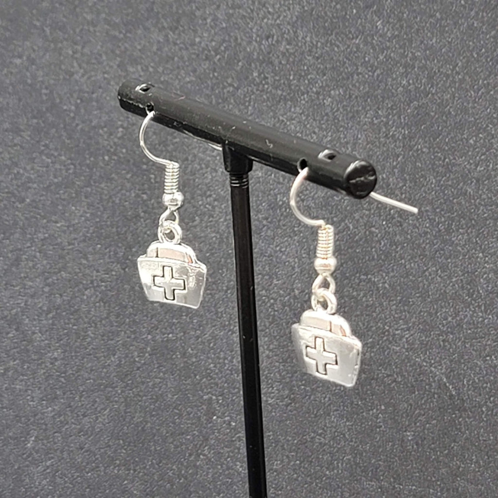 Nurse Cap Pierced Earrings Silver tone Retro Medical Dangle 1/2"