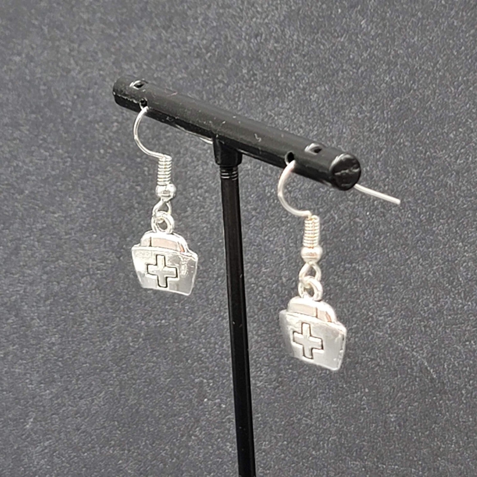 Nurse Cap Pierced Earrings Silver tone Retro Medical Dangle 1/2"