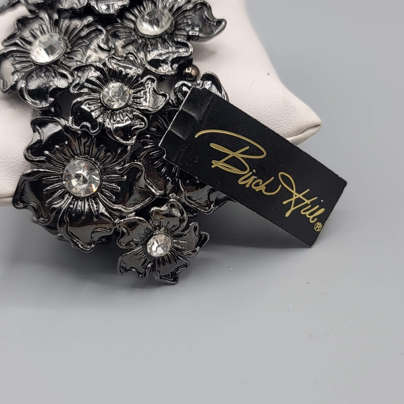 Birch Hill Bracelet Black Metal Flowers Clear Rhinestones Wide Elastic