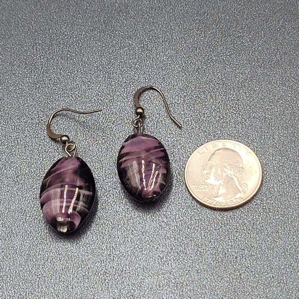 Pierced Earrings Purple Art Glass Bead Dangle 1"