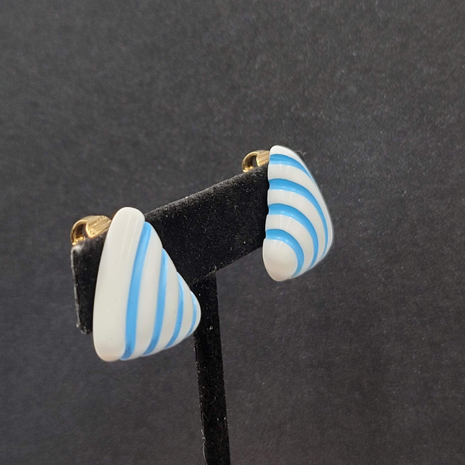 Vintage Clip on Earrings White Blue Stripes Acrylic Triangle 7/8"