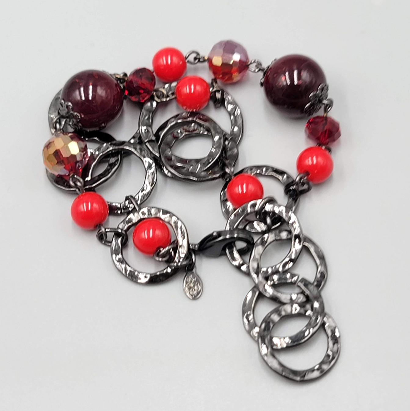 Premier Designs Bracelet Black & Red Bead Double Chain Adjustable 7"