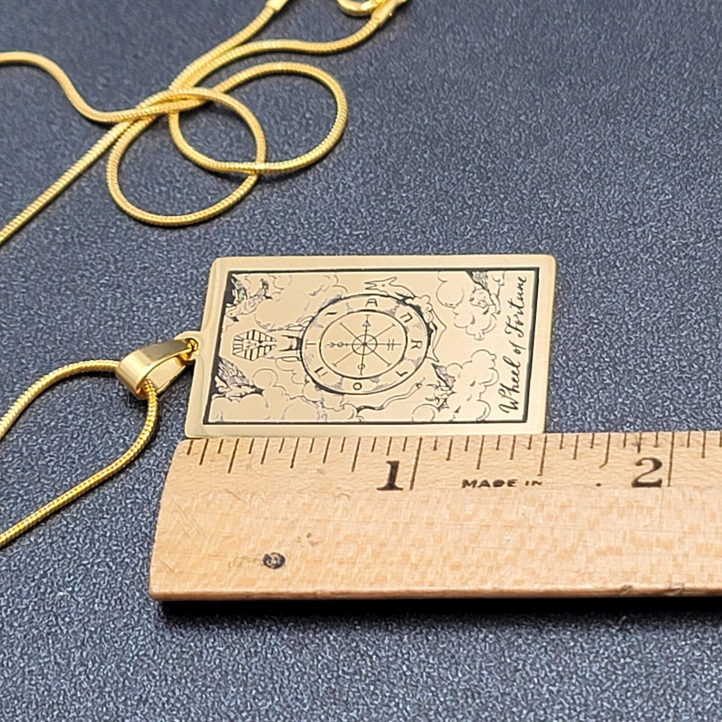 WHEEL OF FORTUNE Tarot Card Pendant Necklace Major Arcana Gold tone 18”.