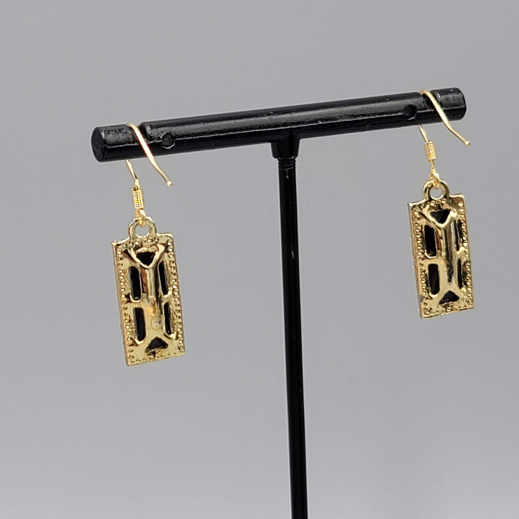 Black Rhinestone Rectangle Pierced Earrings Gold tone Dangle 7/8"