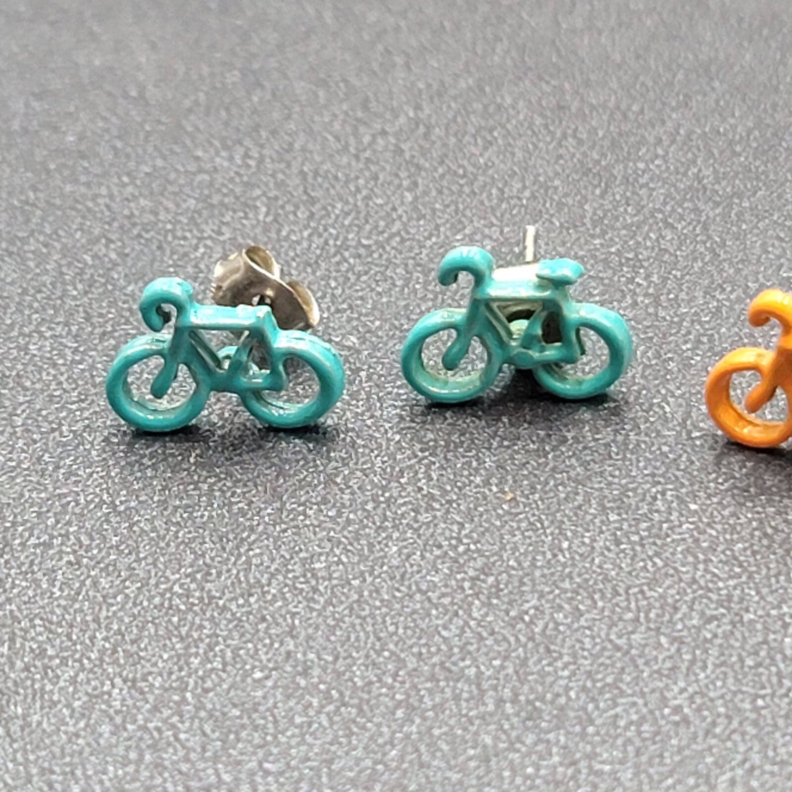 Vintage Bicycle Pierced Stud Earrings Lot of 2 Enamel Blue Orange 3/8"