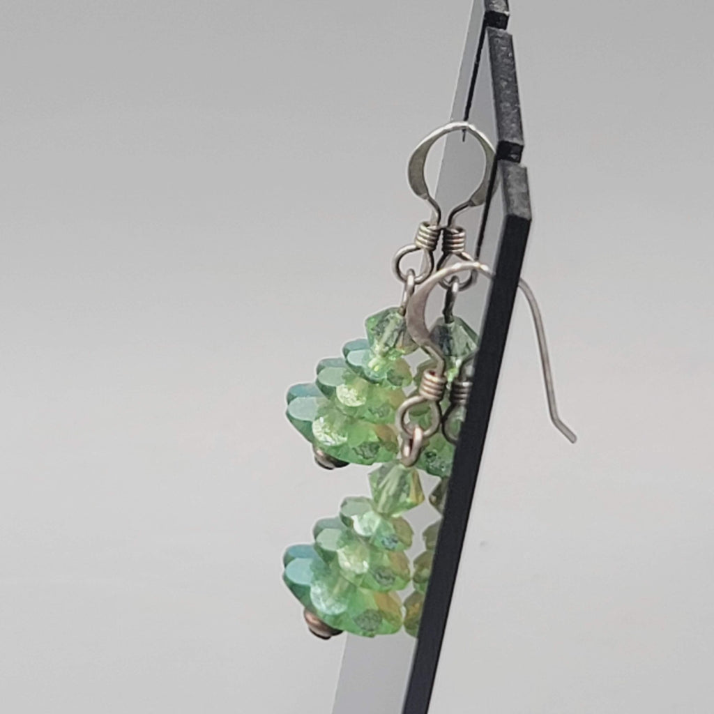 Bead Evergreen Tree Pierced Earrings Crystal Silver tone Dangle 3/4"