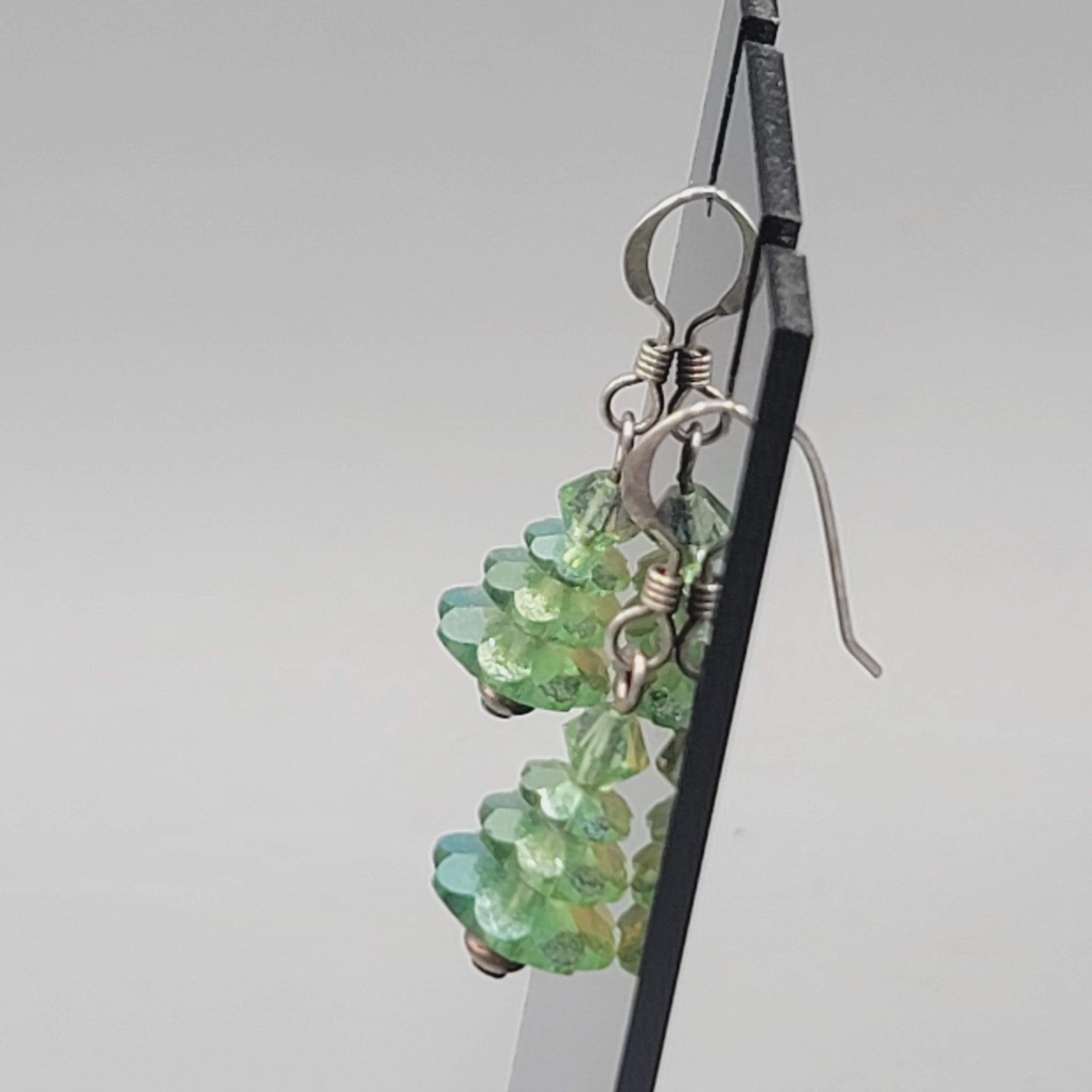 Bead Evergreen Tree Pierced Earrings Crystal Silver tone Dangle 3/4"