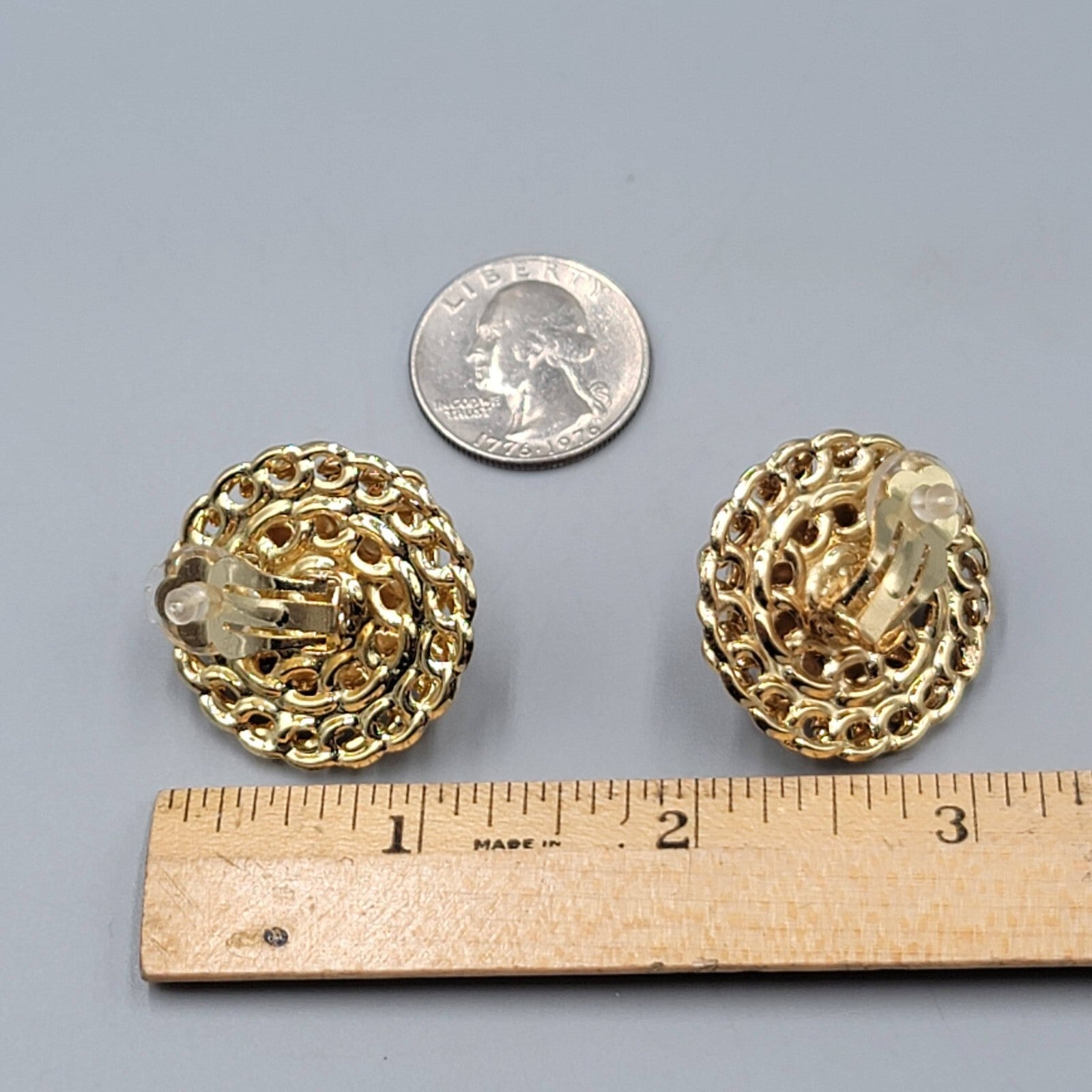 Vintage Clip on Earrings Gold tone Open Work Chain White Cabochon 1.25"