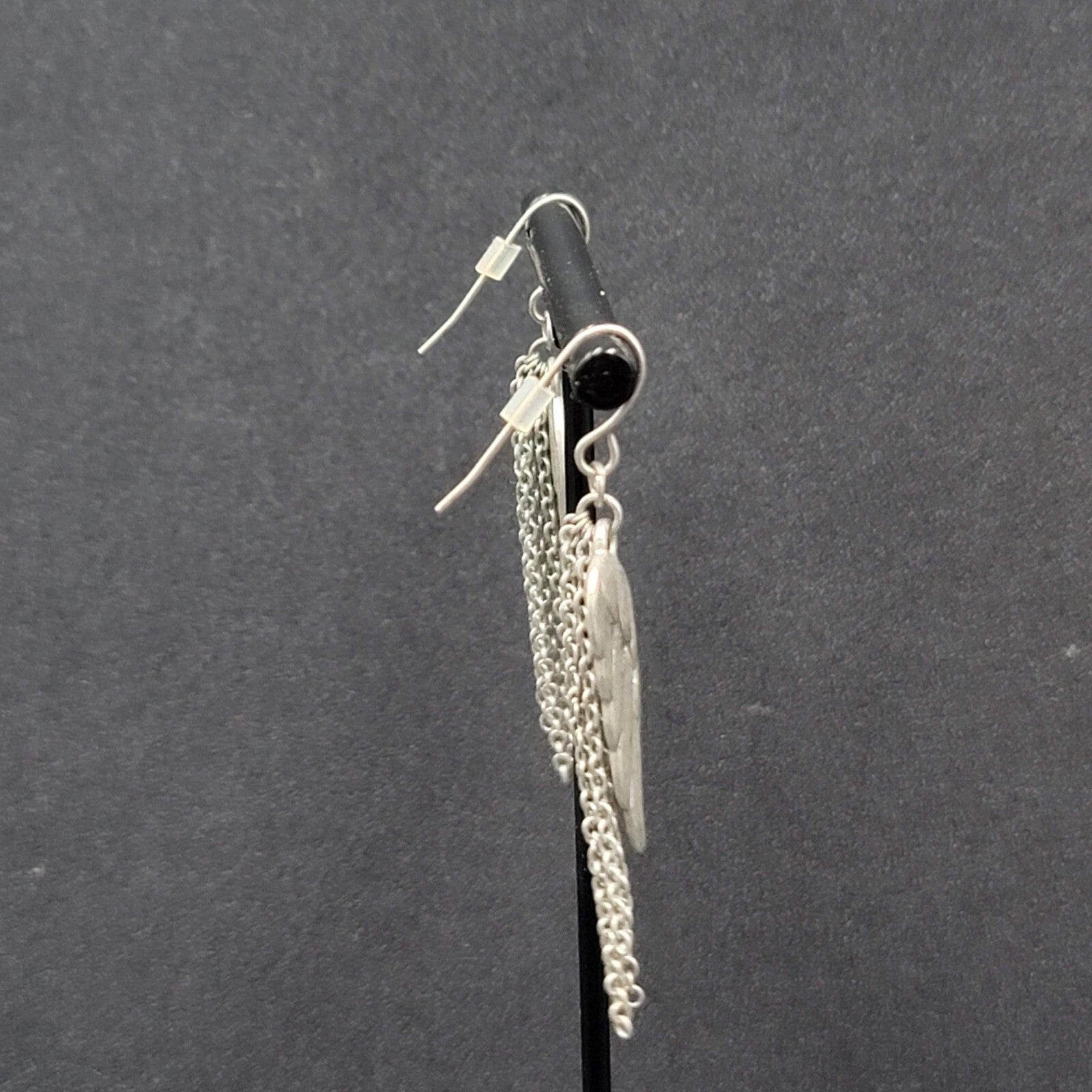 Pierced Earrings Matte Silver tone Angel Wings Dangle Chains 1.75"