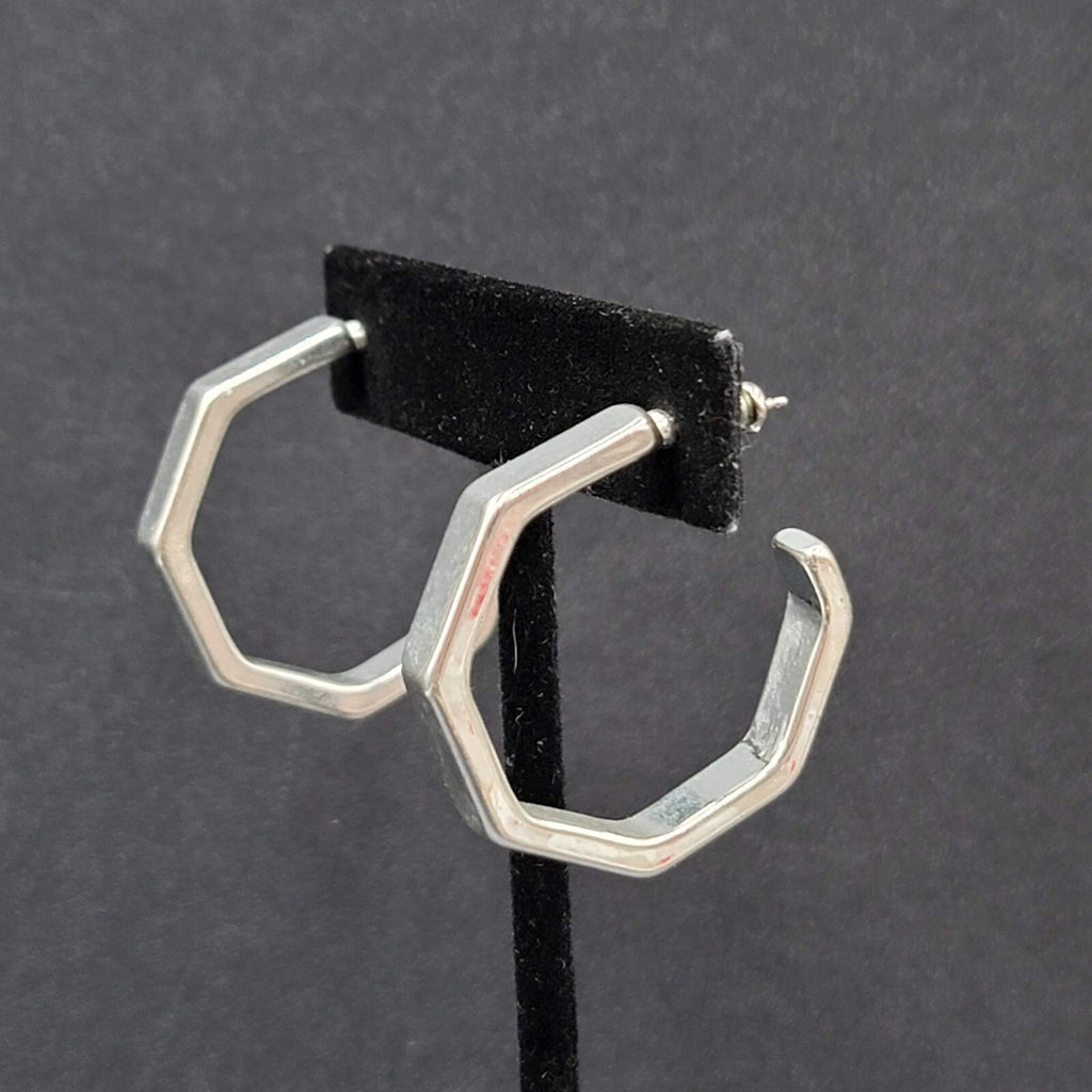 Pierced Earrings Hexagon Silver tone Hoops 1 1/8"