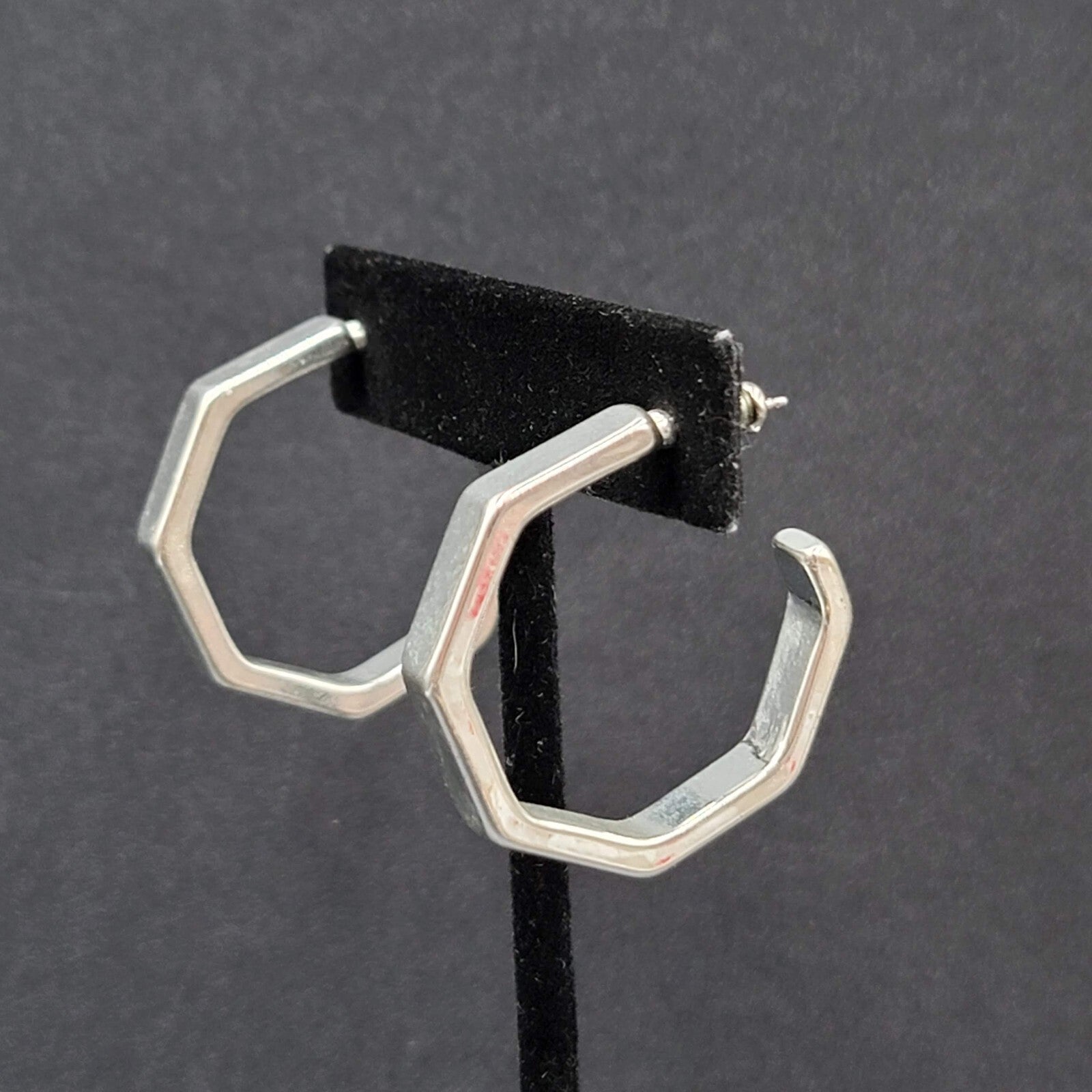 Pierced Earrings Hexagon Silver tone Hoops 1 1/8"