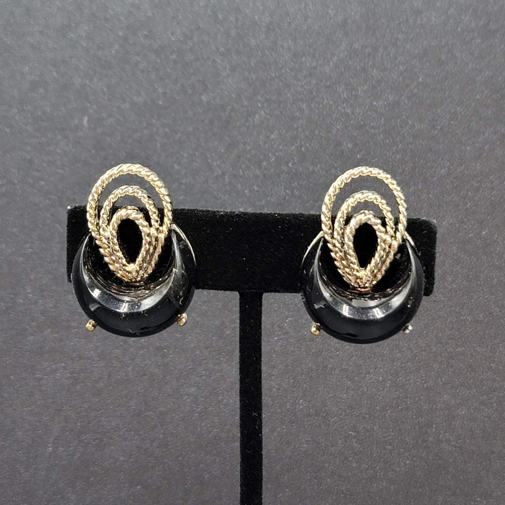 Clip on Earrings Silver tone Black Acrylic Climber MCM 1.25"