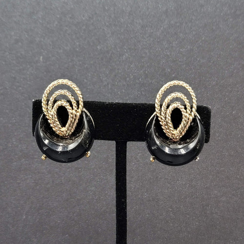Clip on Earrings Silver tone Black Acrylic Climber MCM 1.25"