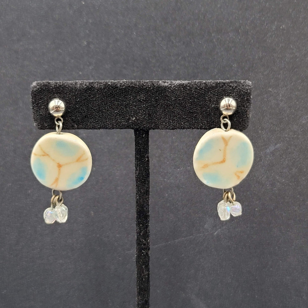 Pierced Earrings Silver tone Ceramic Pottery Bead White Blue 1.25"